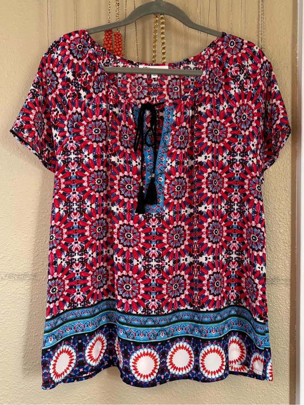 Boho Tie-Neck Floral Mosaic Women's Top - Pink / Blue